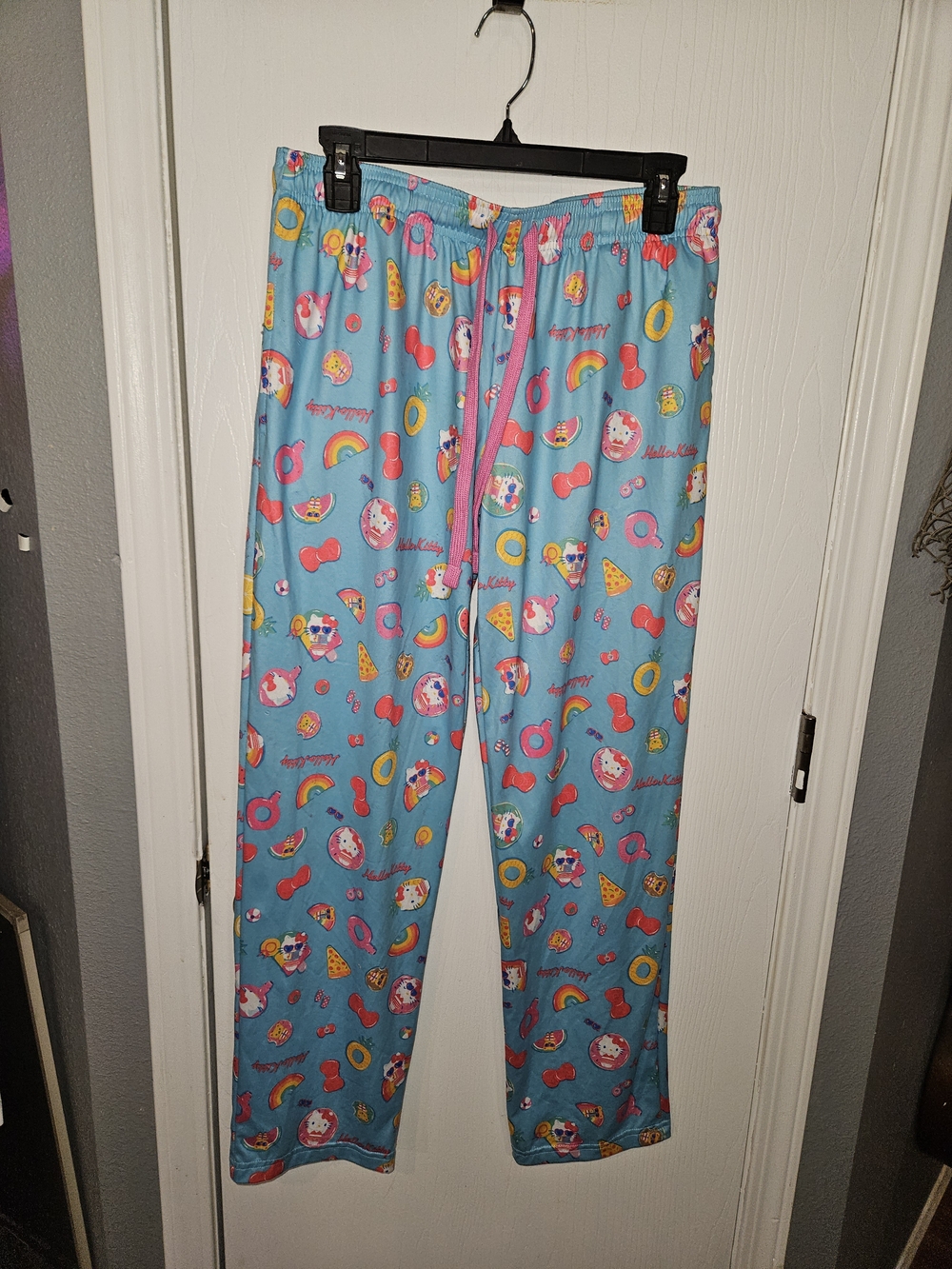 Hello Kitty Blue Pajama Pants with Pink Drawstring and Colorful Snack Print